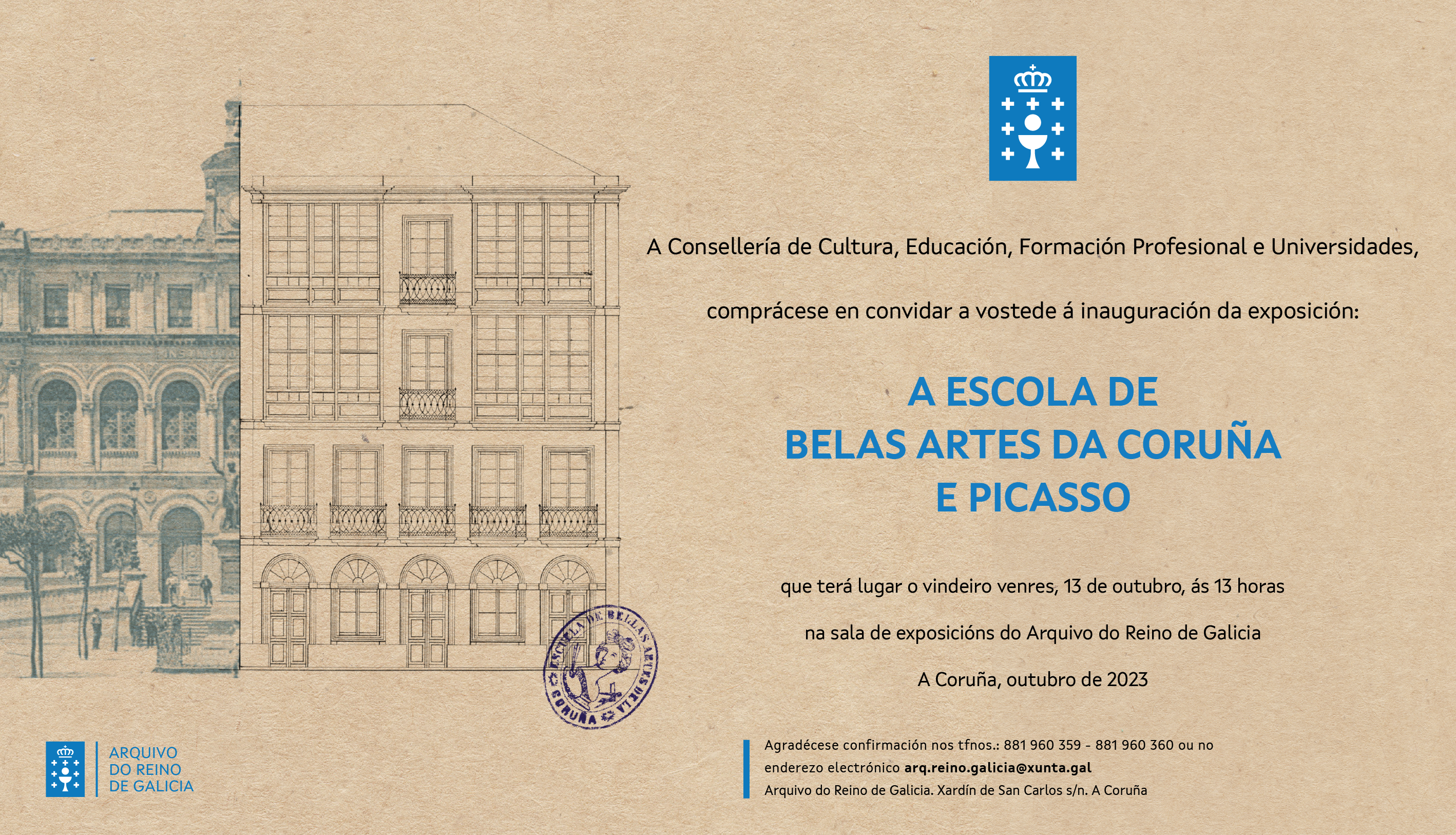 Convite da exposición "A Escola de Belas Artes da Coruña e Picasso"