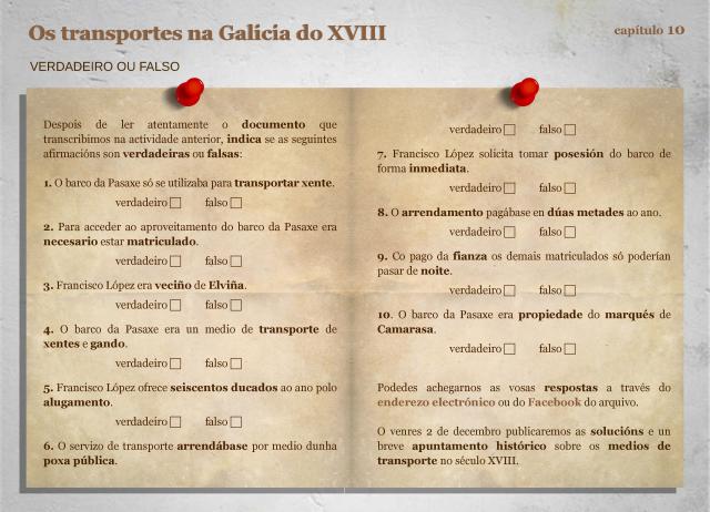 Arquivo do Reino de Galicia. Páxina do capítulo 10, "Os transportes" da actividade "Pescuda no arquivo. A vida na Galicia do século XVIII".