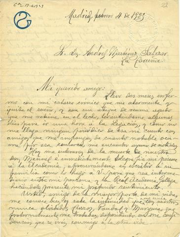 Arquivo do Reino de Galicia. Colección fotográfica. Carta de Galo Salinas a Andrés Martínez Salazar. 1923, febreiro, 2. Madrid. Sign.: 5488-2-22
