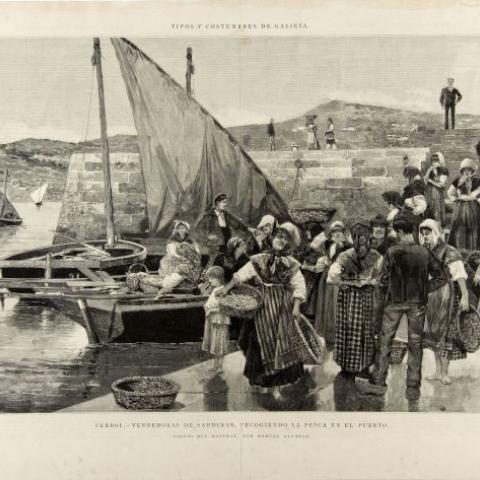 Arquivo do Reino de Galicia. Colección cartográfica e iconográfica. Ferrol: vendedoras de sardiñas recollendo a pesca no porto. 1879. Sign.: CC 67