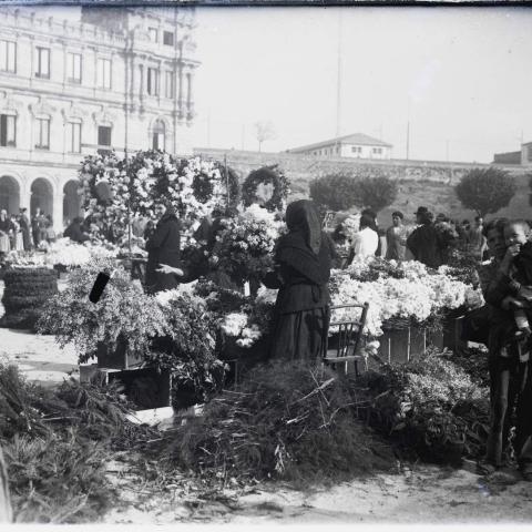 A Coruña: mercado de flores el Día de Defuntos na praza de María Pita. Ca. 1920. Sign.: 3746.
