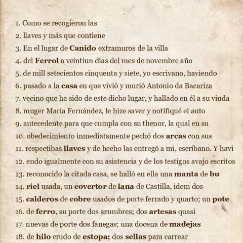 Arquivo do Reino de Galicia. Pescuda no Arquivo. 5. O enxoval. Texto da transcrición dunha folla dun dos documentos propostos.