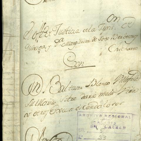 Arquivo do Reino de Galicia. Real Audiencia de Galicia. Causa da Xustiza da xurisdición de Quiroga e dona Margarita de Soto Berbetoros con don Baltasar Blanco Villafalle, o seu home, sobre darlle mala vida e outros excesos escandalosos. 1794. Sign.: 48677-23