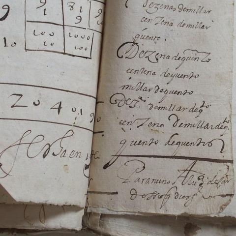 Arquivo do Reino de Galicia. Real Audiencia de Galicia. Táboa de multiplicar que figura no preito entre o Convento de Santa Clara de Pontevedra con dona Tareixa de Pazos, don Paio de Lobeira e outros sobre os muíños dos pelamios da cidade de Pontevedra. 1591-1606. Sign.: 02293_75