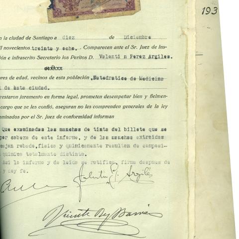 Arquivo do Reino de Galicia. Audiencia Provincial da Coruña. Billete de 1 peseta que consta na causa sobre un roubo na capela das Ánimas de Santiago de Compostela. 1938. Sign.. 51744-11.