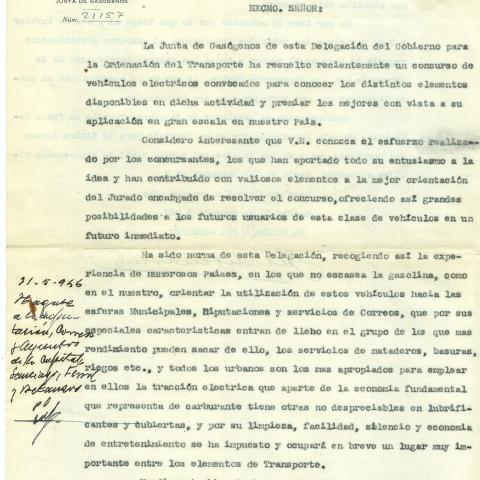 Arquivo do Reino de Galicia. Goberno Civil da provincia da Coruña. Expediente informativo sobre a celebración dunha exposición e conscurso de vehículos eléctricos a celebrar na Coruña, a instancias da Xunta de Gasóxenos da Delegación do Goberno para a ordenación do Transporte. 1946. Sign.: 34027-161.