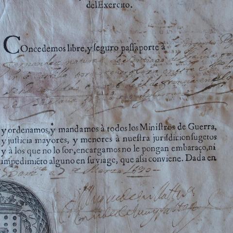 Arquivo do Reino de Galicia. Real Audiencia de Galicia. Preito do sarxento Rosendo Fernández, pobre, con Amaro Becerra, escribán, sobre alimentos. Pasaporte.1691. Sign.: 2512-36
