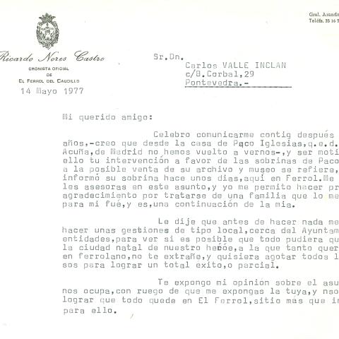 Arquivo do Reino de Galicia. Carlos del Valle Inclán. Carta de Carlos de Valle Inclán a Ricardo Nores, cronista de Ferrol. 1977, maio, 16. Pontevedra. Sign.: 19447.