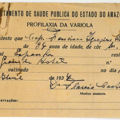 Arquivo do Reino de Galicia. Francisco Iglesias Brage. Certificado de vacinación contra a varíola a favor de Iglesias outorgado polo Departamento de Saúde Pública do Estado do Amazonas (Brasil). 1934. Sign.: 48594-13-2