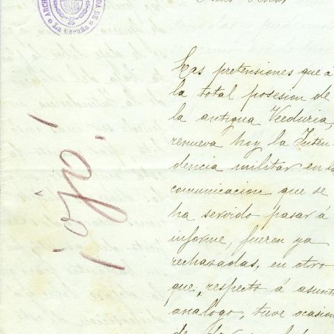 Arquivo do Reino de Galicia. Delegación Especial de Facenda. Informe de Manuel Murguía, xefe do arquivo da Delegación, no expediente aberto en relación coa reclamación de locais na Casa da Veeduría polo Goberno Militar. 1898. Sign.: 1401