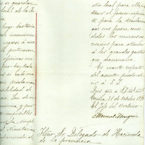 Arquivo do Reino de Galicia. Delegación Especial de Facenda. Informe de Manuel Murguía, xefe do arquivo da Delegación, no expediente aberto en relación coa reclamación de locais na Casa da Veeduría polo Goberno Militar. 1898. Sign.: 1401