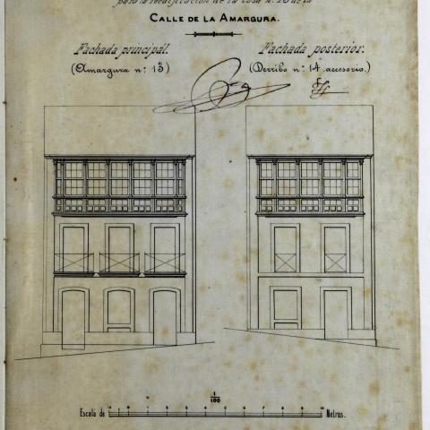 Arquivo do Reino de Galicia. Familia del Moral. Alzados anterior e posterior dunha casa da rúa da Amargura (A Coruña) / Juan de Ciórraga. 1882. 