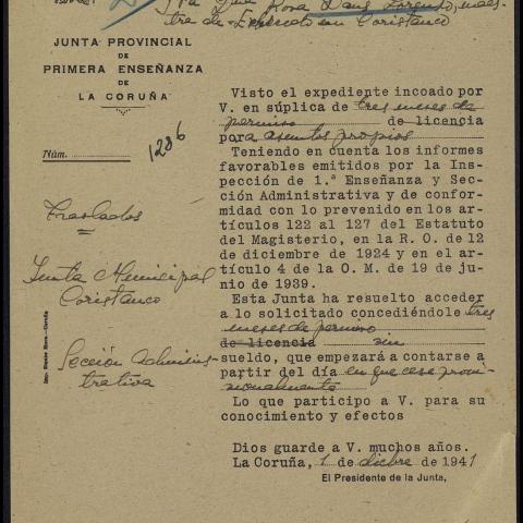 Arquivo do Reino de Galicia. Delegación Provincial de Educación. Expediente persoal de Amalia Faginas Rilo. 1902-1927. Sign.: 115369-6