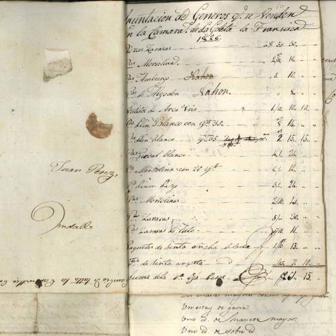 Arquivo do Reino de Galicia. Xulgado de Guerra e Mariña de Ferrol. Expediente formado sobre o apresamento da goleta Francisca pola corbeta de guerra Zafiro, co inventario do seu cargamento. 1826. Sign.: 5162-13