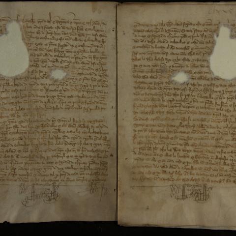 Arquivo do Reino de Galicia. Colección de documentos en pergamiño. O mosteiro de San Pedro de Ansemil suscita preito cos veciños de Cabanelas, sobre o pago de quince modios de viño de renda que adebedaban. 1433,  xaneiro. 11. Sign.: 41-2