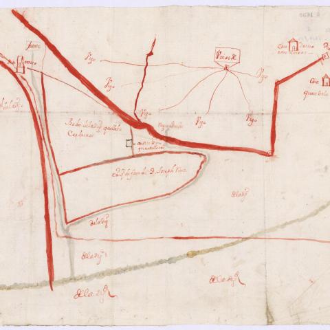 Arquivo do Reino de Galicia. Real Audiencia de Galicia. Plano dos lugares da Verdeal e as Naranxeiras, en San Tomé de Recaré, O Valadouro (Lugo). Ca. 1713. Sign.:2971-1