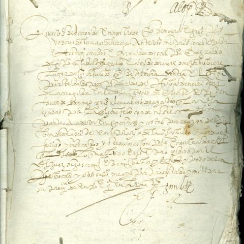 Arquivo do Reino de Galicia. Real Audiencia de Galicia. Preito de Pedro de Moure e Gregorio Rodríguez, tratantes de aceite, con Domingo Rodríguez, alcabaleiro, pola denuncia que este lles puxo por vender aceite na praza pública de Ourense estando prohibido. 1586-1588. Sign.: 4487-118.