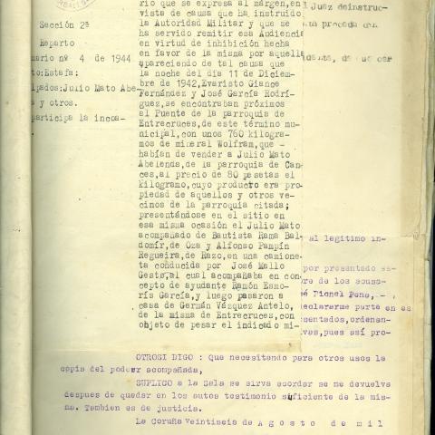 Arquivo do Reino de Galicia. Audiencia Provincial da Coruña. Causa por estafa na venda de 760 quilos de volframio. 1942-1947. Sign.: 52060-80.