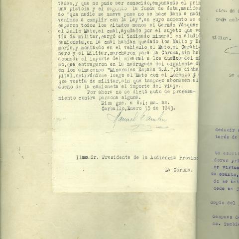 Arquivo do Reino de Galicia. Audiencia Provincial da Coruña. Causa por estafa na venda de 760 quilos de volframio. 1942-1947. Sign.: 52060-80.