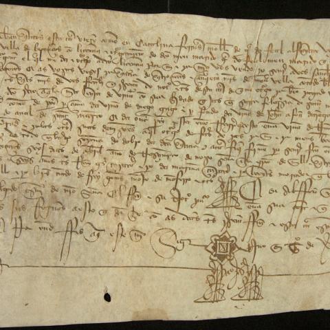 Arquivo do Reino de Galicia. Colección de documentos en pergamiño. Catalina Fernández, muller de García do Feal, alfaiate, vende a Sancha Afonso unha leira de viña coa súa herdade en Sarra, freguesía de San Martiño de Tiobre, por catrocentos cincuenta marabedís. 1416, abril, 6. Betanzos.