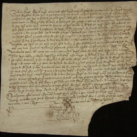 Arquivo do Reino de Galicia. Colección de documentos en pergamiño. Afonso López, muiñeiro e morador en Caraña, e Juan López, morador en San Xoán de Paderne venden a García de Piadela unha leira de herdade na Fonte do Trobo por trinta marabedís. 1437, maio, 12. Betanzos. Sign.: PLAN-572.