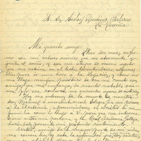 Arquivo do Reino de Galicia. Colección fotográfica. Carta de Galo Salinas a Andrés Martínez Salazar. 1923, febreiro, 2. Madrid. Sign.: 5488-2-22
