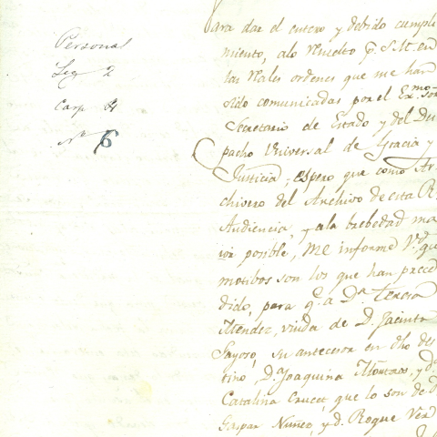 Oficio de la Xunta Suprema de Hacienda sobre la concesión de una pensión a doña Teresa Rosalía Menéndez, viuda de don Jacinto Gaioso, archivero del Archivo del Reino de Galicia. 1808, outubro, 5. Sign.: 48189-3.