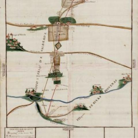 Arquivo do Reino de Galicia. Real Audiencia de Galicia. Plano da fregresía de Rivas Pequenas e o couto de San Pedro de Valverde co camiño de Monforte a Lugo. 1734-42. Sign.: RA-110