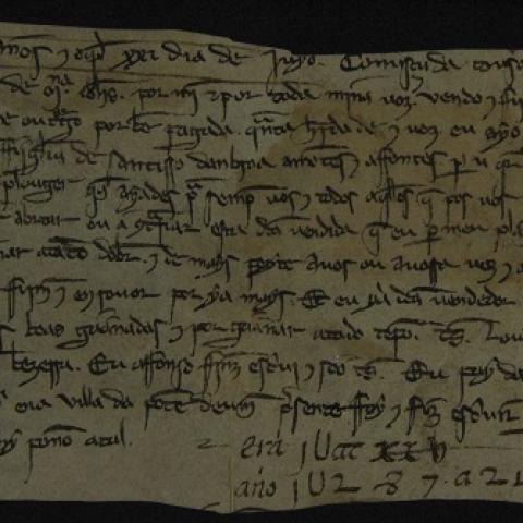 Documento 2: Colección de documentos en pergamiño. María Yáñez vende a Juan Suárez de Escañoi a herdade que posúe en Escañoi por vinte soldos. 1287, xuño, 21. 1 doc. en perg. , 75 x 126 mm. Galego, Letra de albalaes. Sign. P- 520