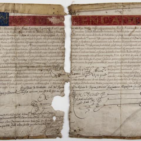 Archivo del Reino de Galicia. Colección de documentos en pergamino. Título de cirujano expedido en favor de Andrés de Villanueva, de Valladolid. 1587, junio, 12. 