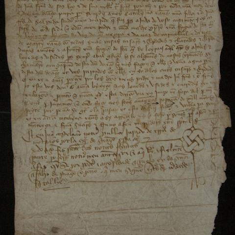 Documento 6: Colección de documentos en pergamiño. María Rodríguez doa a Catalina Eáns, filla súa e de Juan Rodríguez de Salceda, uns casais en Codeseda para axuda do seu casamento. 1421,marzo, 29. 1 doc. en perg., 185 x 145 mm. Galego, letra gótica cortesá. Sign.:P- 561.