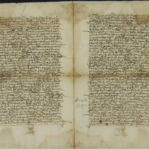 Documento 7: Torre Xunqueiras. Dona Teresa de Faro, muller de Gómez Pérez das Mariñas, cede a Xoán de Castro, clérigo, a cuarta parte da sinecura da igrexa e beneficio de Santo Estevo de Culleredo por prezo de 100 doblas de ouro. 1459, agosto, 9. Mosterio de San Domingos da Coruña. 1 doc. en perg., 210 x 310 mm. Galego, letra gótica cortesá. Sign.:29380/33.