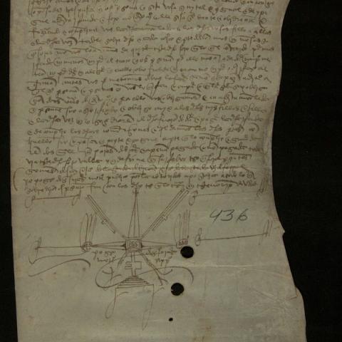 Documento 8: Colección de documentos en pergamiño. O mosteiro de Santa María de Sobrado afora a Maior Leda unha herdade no Pereiro, freguesía de Santa María de Brión. 1500, marzo, 23. Mosteiro de Sobrado. 1 doc. en perg., 490 x 220 mm. Galego, letra gótica cortesá. Sign.: P-436.