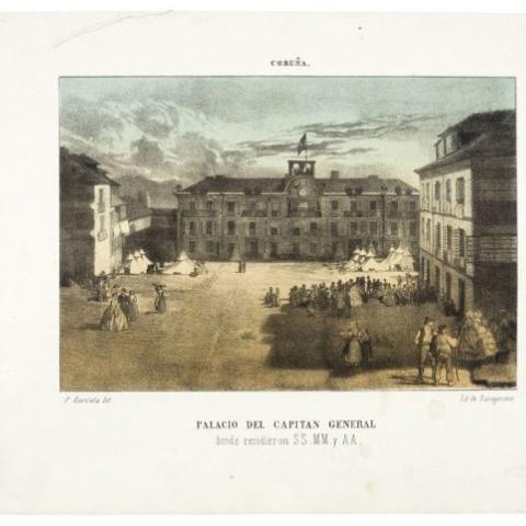 Colección cartográfica e iconográfica. Coruña : Palacio del Capitán General donde residieron SS.MM y AA. / P. Barcala lit. [Madrid] : Lit. de Zaragozano, [1860]. - 1 estampa : litogr., ; 13 x 19 cm. - CC. 938