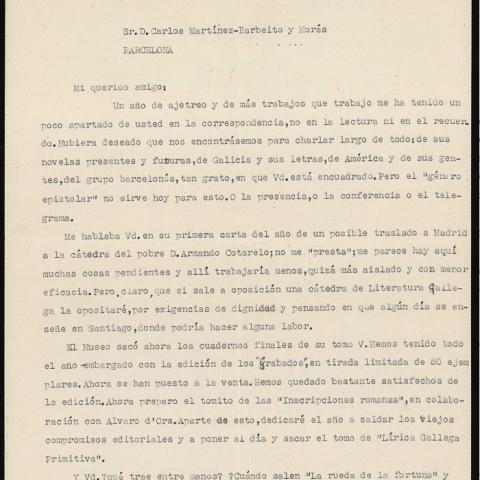 ARG. Carlos Martínez Barbeito. Carta de Xosé Filgueira Valverde a Carlos Martínez-Barbeito. 1954, maio, 12. Sign. 27.018/64-1r