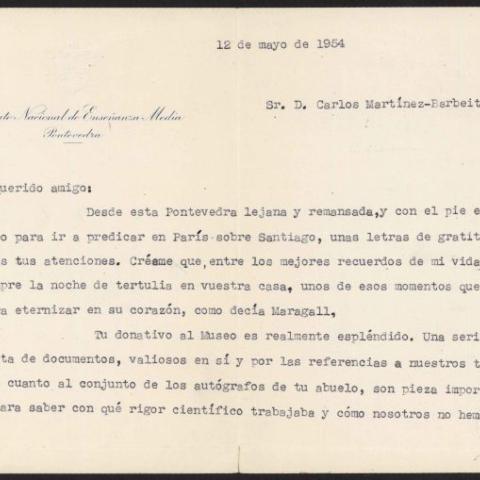 ARG. Carlos Martínez Barbeito. Carta de Xosé Filgueira Valverde a Carlos Martínez-Barbeito. 1954, maio, 12. Sign. 27.018/64-4r