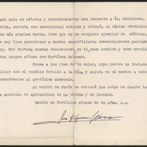 ARG. Carlos Martínez Barbeito. Carta de Xosé Filgueira Valverde a Carlos Martínez-Barbeito. 1954, maio, 12. Sign. 27.018/64-4v
