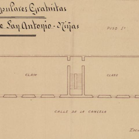 [S.d. (Ca. 1940), A Coruña. Rúa Cancela]. Plano de la escuela femenina San Antonio (Escuelas Populares Gratuitas. A Coruña).