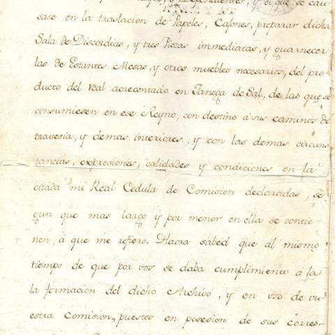 Arquivo do Reino de Galicia. Rea cédula de comisión ao rexente da Audiencia de Galicia, don Joseph de Zuazo Bustamante, para proseguir na formación e instalación do Archivo Público y General del Reyno de Galicia. 1777, febrero, 16. Madrid. 8 foll. ; 30,2 x 21 cm.Sign. 48.273/6-2., foll. 2.
