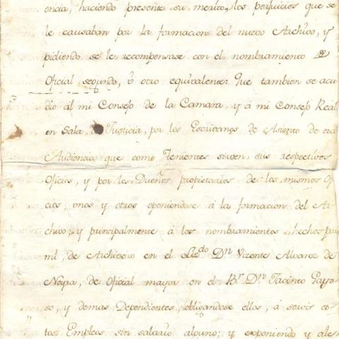 Arquivo do Reino de Galicia. Rea cédula de comisión ao rexente da Audiencia de Galicia, don Joseph de Zuazo Bustamante, para proseguir na formación e instalación do Archivo Público y General del Reyno de Galicia. 1777, febrero, 16. Madrid. 8 foll. ; 30,2 x 21 cm.Sign. 48.273/6-2, foll. 3.