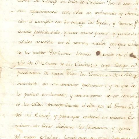 Arquivo do Reino de Galicia. Rea cédula de comisión ao rexente da Audiencia de Galicia, don Joseph de Zuazo Bustamante, para proseguir na formación e instalación do Archivo Público y General del Reyno de Galicia. 1777, febrero, 16. Madrid. 8 foll. ; 30,2 x 21 cm.Sign. 48.273/6-2, foll. 4.