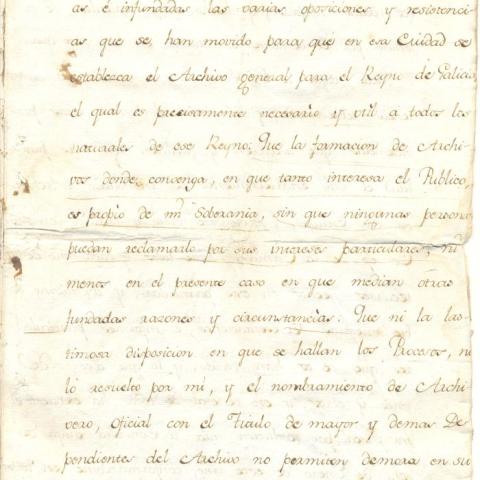 Arquivo do Reino de Galicia. Rea cédula de comisión ao rexente da Audiencia de Galicia, don Joseph de Zuazo Bustamante, para proseguir na formación e instalación do Archivo Público y General del Reyno de Galicia. 1777, febrero, 16. Madrid. 8 foll. ; 30,2 x 21 cm.Sign. 48.273/6-2, foll.5.