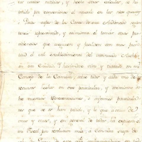 Arquivo do Reino de Galicia. Rea cédula de comisión ao rexente da Audiencia de Galicia, don Joseph de Zuazo Bustamante, para proseguir na formación e instalación do Archivo Público y General del Reyno de Galicia. 1777, febrero, 16. Madrid. 8 foll. ; 30,2 x 21 cm.Sign. 48.273/6-2, foll. 6.