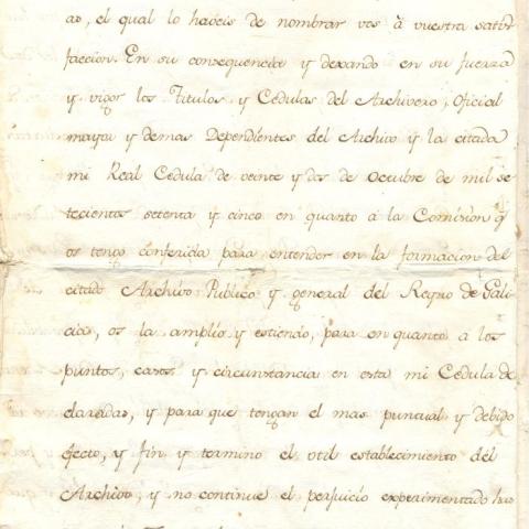 Arquivo do Reino de Galicia. Rea cédula de comisión ao rexente da Audiencia de Galicia, don Joseph de Zuazo Bustamante, para proseguir na formación e instalación do Archivo Público y General del Reyno de Galicia. 1777, febrero, 16. Madrid. 8 foll. ; 30,2 x 21 cm.Sign. 48.273/6-2, foll. 10