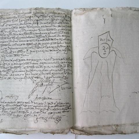 Debuxo ¿dun obispo? En 1583. Preito entre Benito de Ortega con Benito Mosquera sobre bens en Chantada. Sig. RAG. 617/14