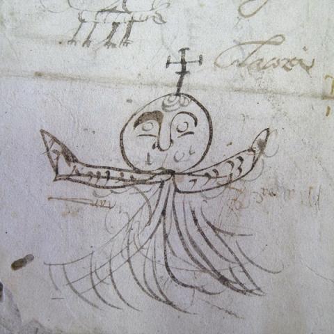 Dibujo de ¿un niño disfrazado?, ¿un espantapájaros?En 1578. Preito entre Gonzalo Rodríguez de Boado con Gonzalo Polo de Lanzós sobre bens. Sign. RAG. 672/13