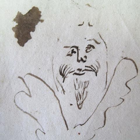 Dibujo de una cara. En - 1584. Preito entre Juan Barreiro e Isabel de Masea, asúa muller, con Isabel González e os seus irmáns, fillos e herdeiros de Rodrigo da Cedeira, sobre execución por maravedís e outras cousas en Vilalba. Sig. RAG. 719/72