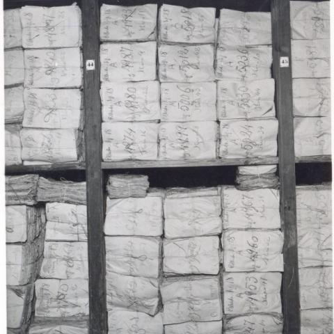 Estanterías del Archivo del Reino de Galicia cuando estaba instalado en el edificio de la Audiencia Territorial de A Coruña, actual Tribunal Superior de Xustiza de Galicia (1936-1956).
