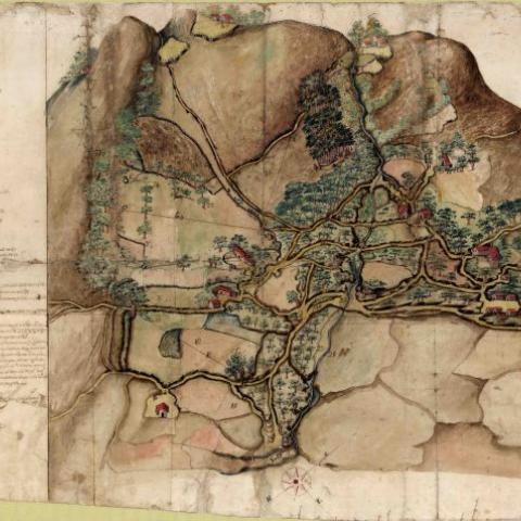 Vilacova, Santo Tomé de (Abegondo). Plano da parroquia de Santo Tomé de Vilacova / Julián Pérez de Hermida et. al. 1761, xuño, 14. Freán. Sign. Col. Cart. RA. 20 (RAG 1.5558-1.560/9).