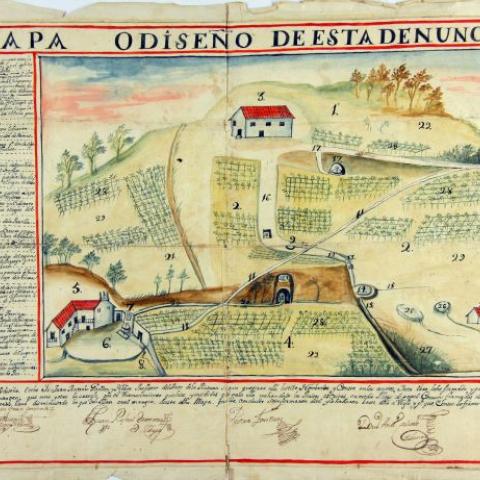 Vigo, Santiago de (Vigo). Mapa o diseño de esta denuncia [de obra nova que afecta a mananciais no lugar de Areosa] / Juan Antonio Gandón y Noboa. Ca. 1770. Sign. Col. Cart. RA. 134 (RAG 11.065/61).